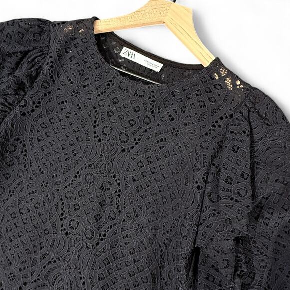 Zara Black Lace Ruffle Flounce Sleeve Blouse M Romantic Whimsigoth Witchy Sheer - Picture 2 of 7